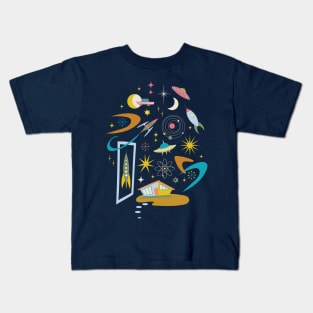Mid Century Architecture in Space - Retro design in pastels on Navy by Cecca Designs Kids T-Shirt